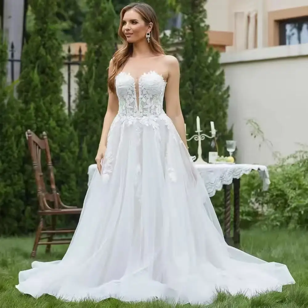 

Customized Popular Strapless V-neck 3D Flower Lace Applique A Line Wedding Dresses Sweep Train 2025 Vestido De Noival