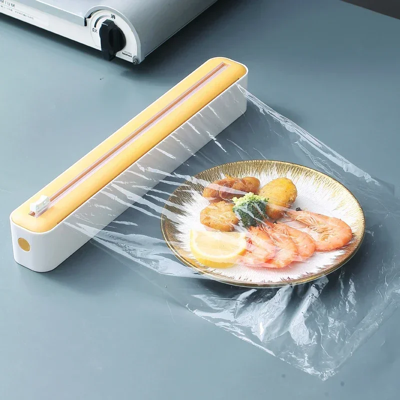 2 in 1 Plastic Wrap Dispenser Cling Film Aluminum Fixing Foil Parchment Paper Sharp Cutter Injector Kitchen Tool Storage Holder