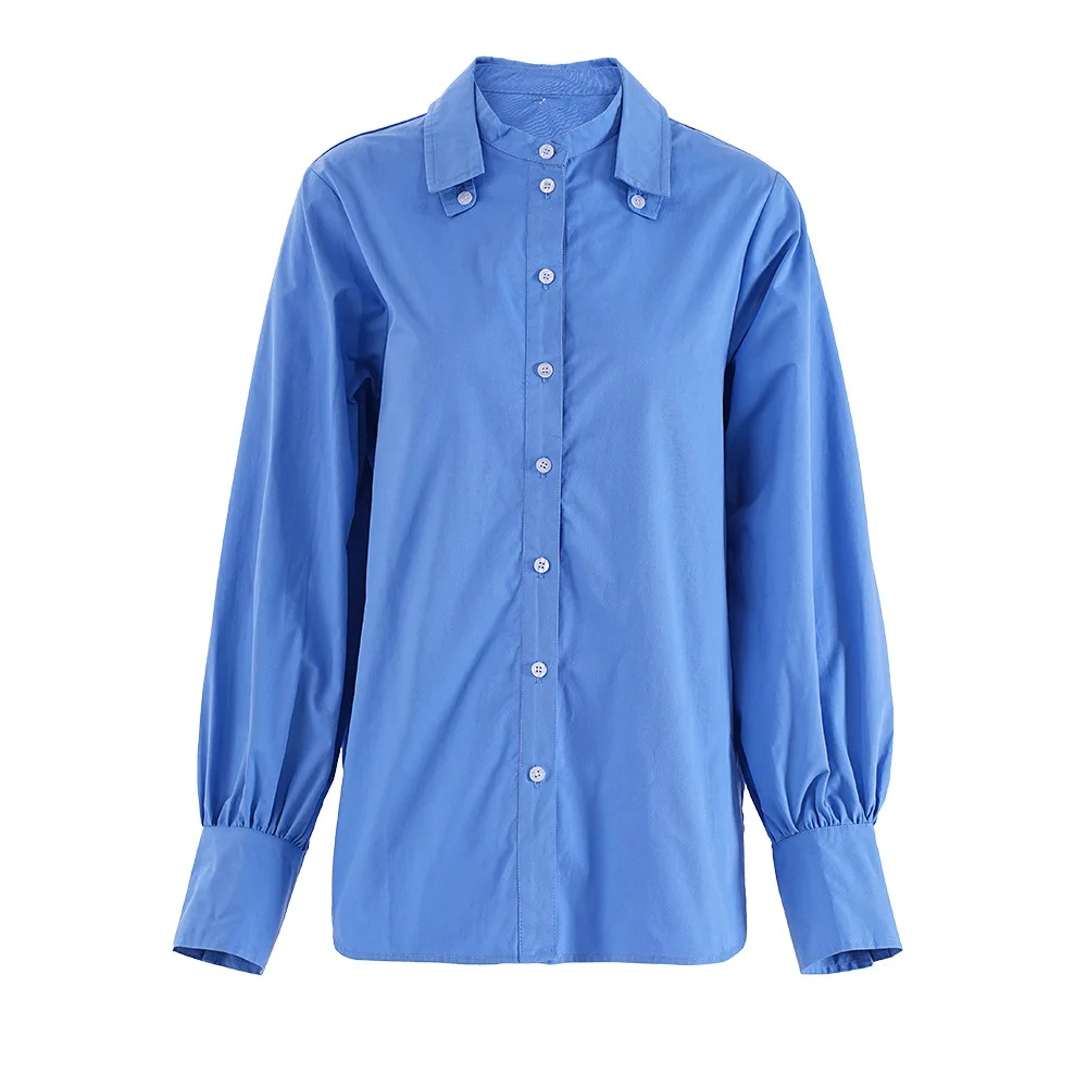 American Fashion Commuter Double Collar Long Sleeve Single Breasted Loose Versatile Temperament Blue Shirt Blouse Women Autumn