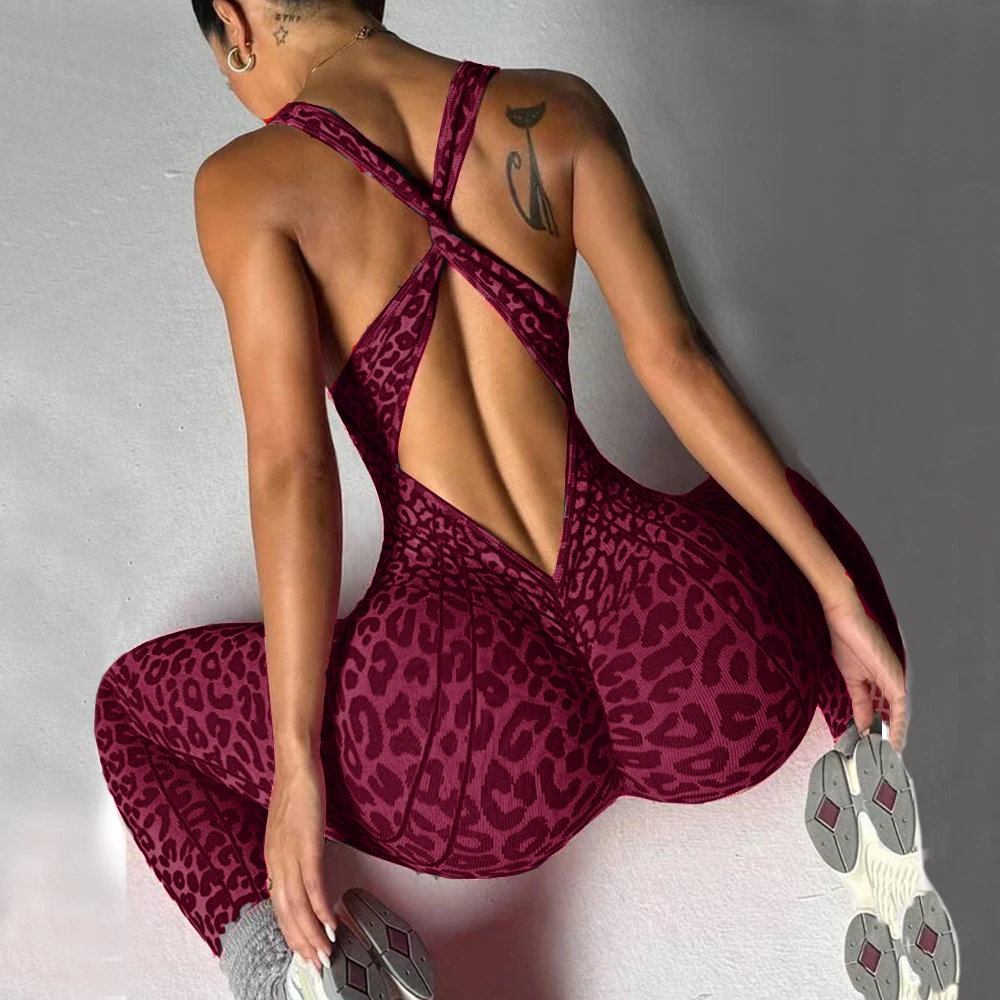 Pad Scrunch Butt Legging leopard Yoga Set Backless Hip lift One Piece Sports Jumpsuit Tennis Wear Active Wear Suit XP10 - Image 5