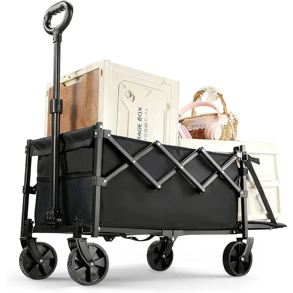 

100L Wagon Cart Push & Pull Beach, 350 lbs Capacity, All-Terrain Wheels & Drink Holders, Shopping, Camping, Sports - Black