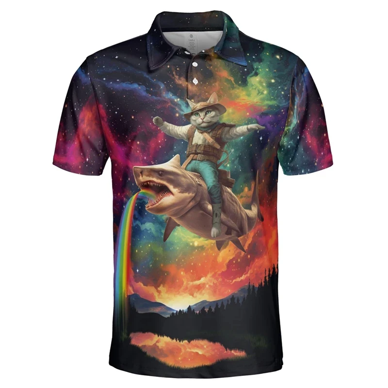 Funny Galaxy Cat 3d Print Short Sleeve Polo Shirts For Men Cartoon Kids Short Sleeve Harajuku Fashion Lapel Polo Shirt Tops Tees