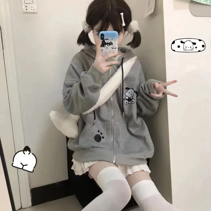 

S-XXL Cartoon Women Streetwear Sweatshirt Coat Pochacco Thicken Zip Up Hoodie Cotton Spring Autumn Sweet Loose Student Girls