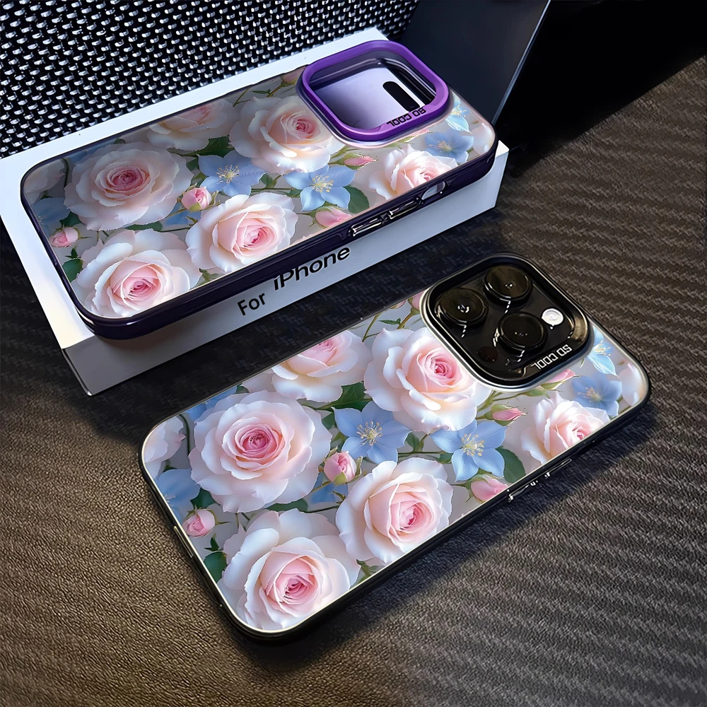 

Pink Rose Blue Flower Minimalist Style Shockproof Phone Case for iPhone 17 Pro Max 16 E 15 14 Plus 13 12 11 Protective Cover