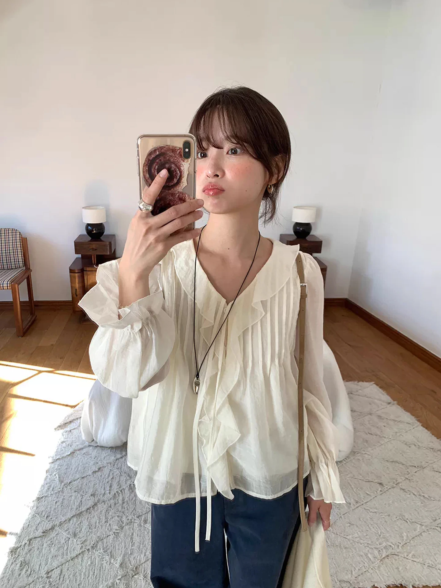 

Sweet Sle Thin Fabric irt Women's Early Spring Anti-Aging Loose All-Match Bell Sve Top Heavy Eming Pleated Lace