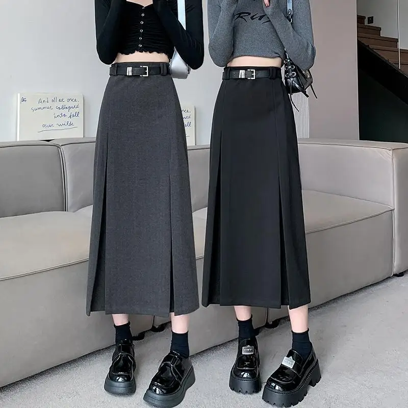 

Autumn Winter Woolen Skirts Women Solid High Waist Pleated Simplicity Fashion Casual A-line Mid-length Straight Hip Wrap Skirt