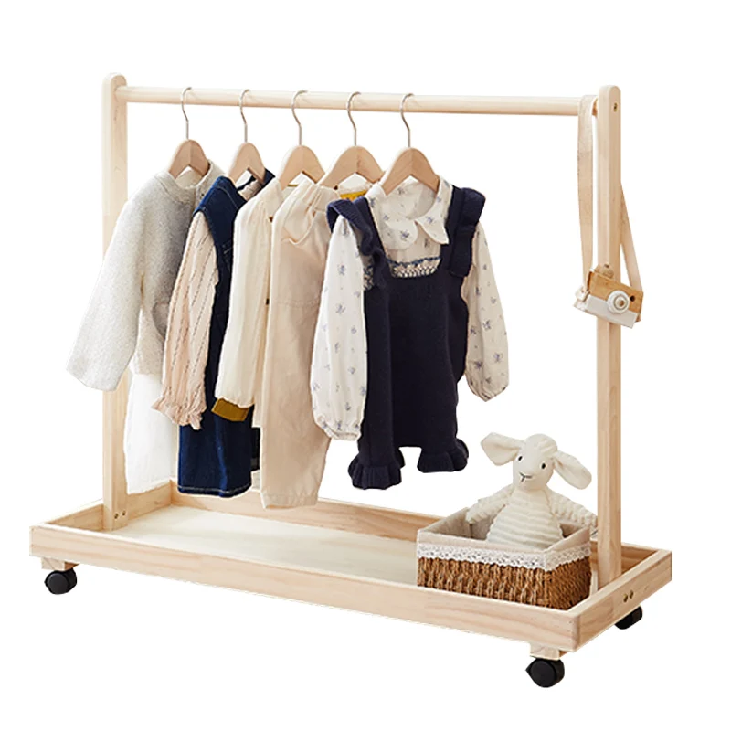 Coat rack, hanger, solid wood baby small hanger, floor-to-ceiling children's floor pine wardrobe, kindergarten temporary shelf