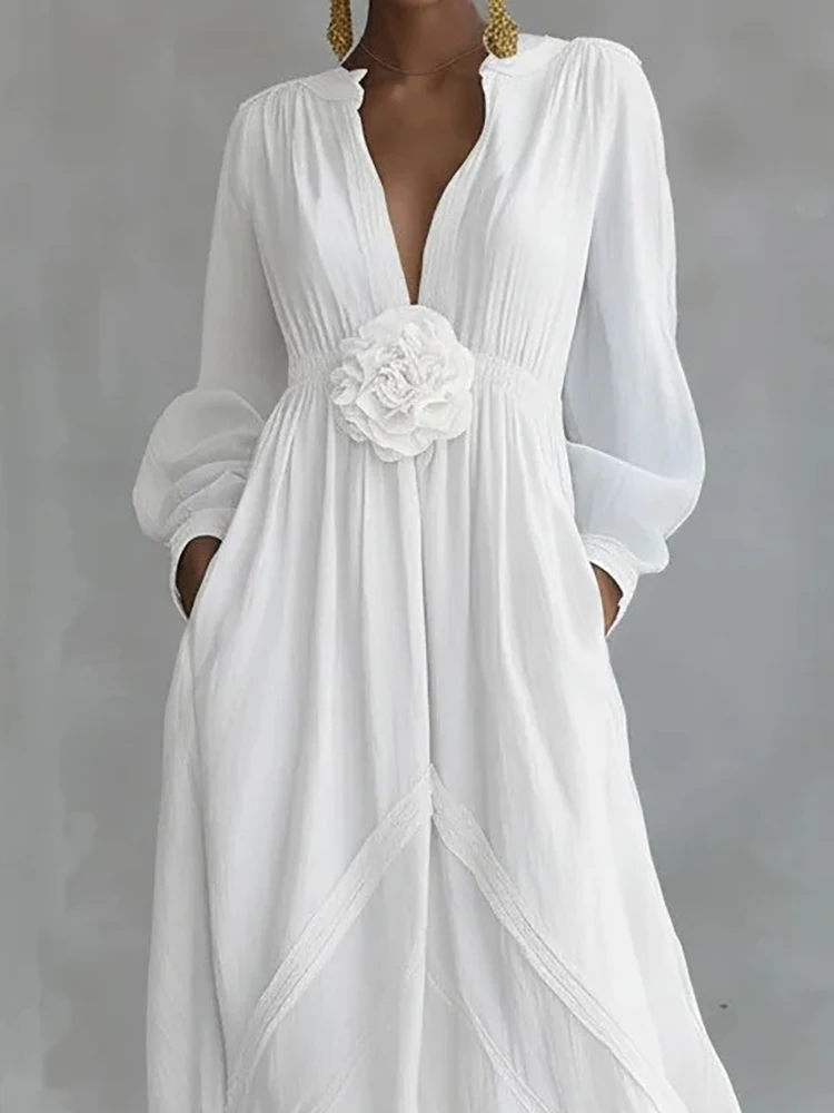 Spring Summer Elegant Long Sleeve Beach Dress Casual 2026 Women Holiday Loose Shirt Dress Female V Neck Maxi Streetwear Dresses