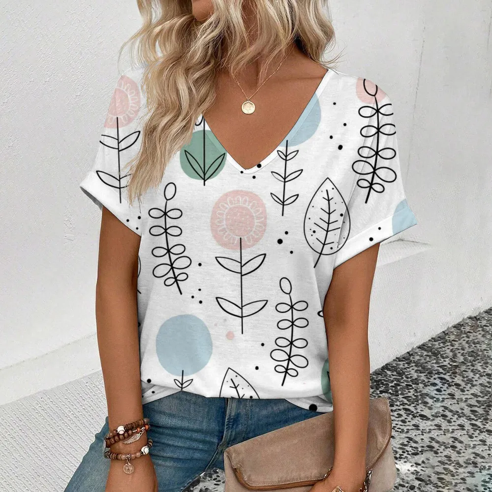 Fashion Lucky Clover Print Leisure Elegant V-neck T-shirt Daily Short Sleeved T-shirt 2024 Summer Large Size Women's T-shirt