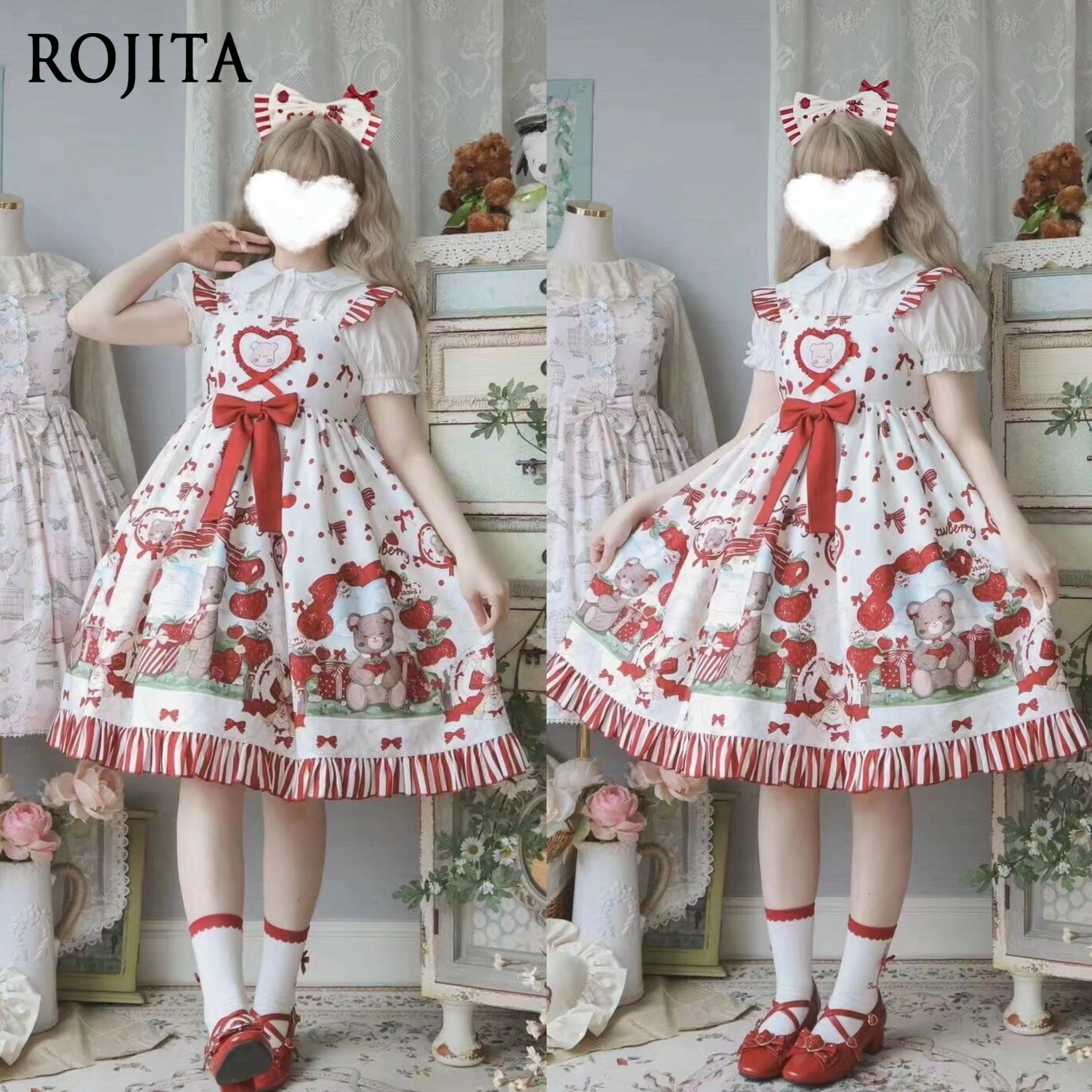 Delantal de vestido de una pieza de longitud media, diseño Original japonés, dibujo de fresa, oso, Lolita, diario, dulce niña, dulce burbuja, manga corta