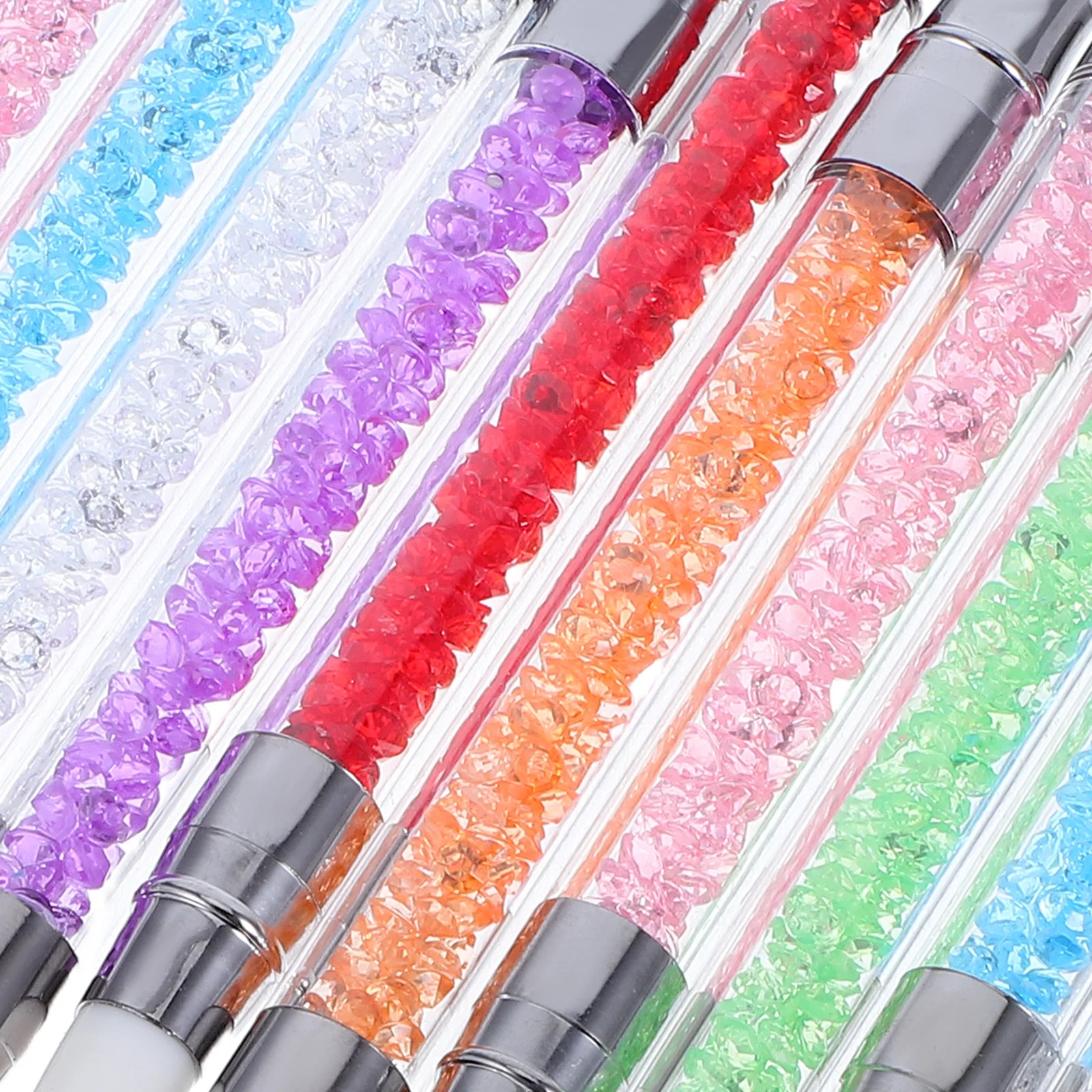 10Pcs Nail Art Tools Pen Ergonomic Acrylic Handle with Flexible Silicone Tips for Nail Carving Dotting Foil Powder Application