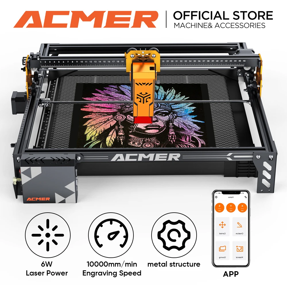 Incisore Laser ACMER P1 S Pro, Potenza 6W, Controllo Wifi Offline, Taglierina Laser a Luce Blu per Fai-da-Te, Strumenti per Lavorazione del Legno, Macchina CnC a Diodi