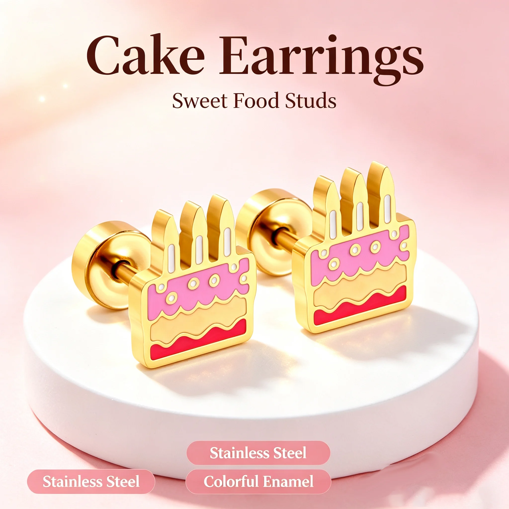 Birthday Candle Cake Shape Ear Studs, Anti-allergy Stainless Steel Screw Back Tiny Piercing Earrings Fashion Jewelry