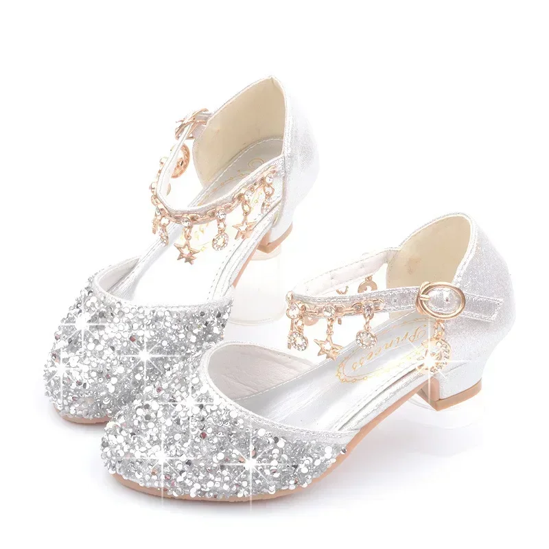 Fashion Kid Leather Shoe 2023 Summer Sequin Princess Shoe Crystal High Heel Sandals Kid Shoes Girl Dresses Mary Jane Girl Shoes