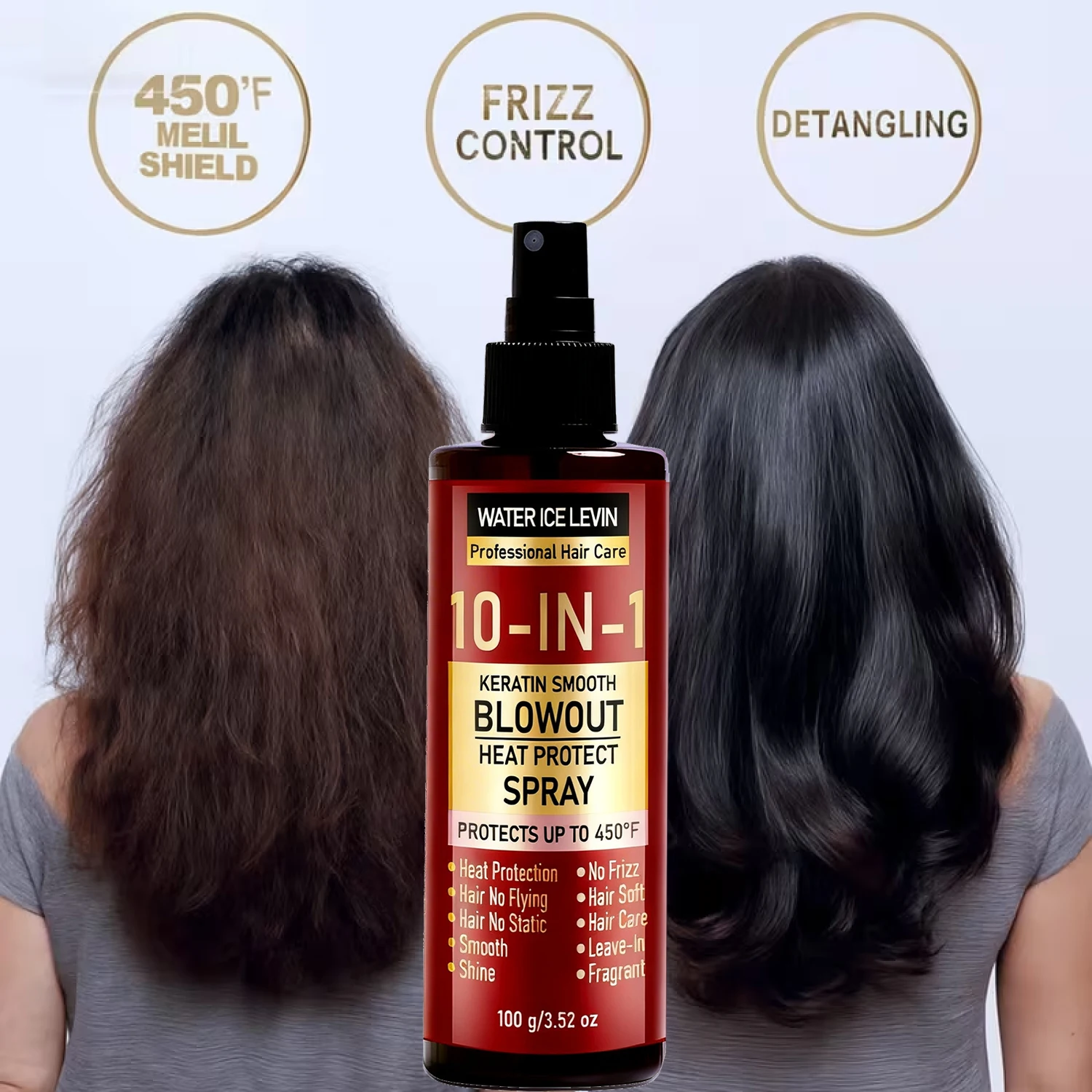 Spray Protector Térmico 10 en 1 con Queratina, Colágeno y Ácido Hialurónico – Alisador Antifrizz Brillo Tratamiento Sin Enjuague para el Cabello 100g