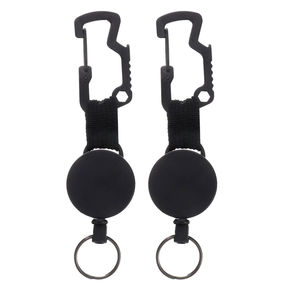 2Pcs Antitheft Retractable Keychain Badge Holder Clip Multifunctional Outdoor Carabiner Portable Key Reel Black