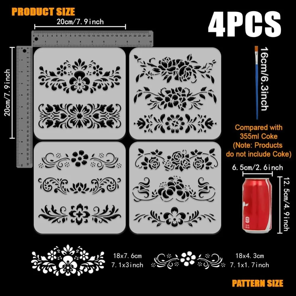 4PCS Floral Border Painting Stencil with Paint Brush 7.9x7.9 Inch Reusable Flower Leaves Drawing Template Decorative Rose