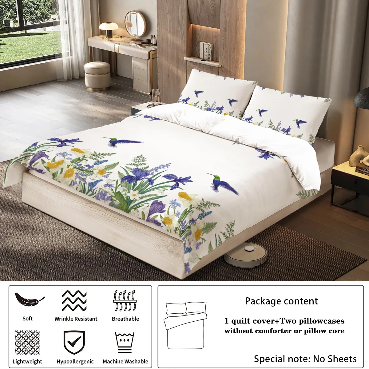 3pcs flowers and birds pattern printed bedding set, suitable for women bedroom, queen, king, twin bed,1*duvet cover+2*pillowcase