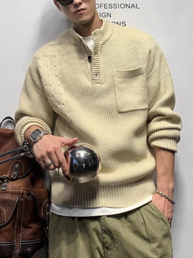 

Vintage Polo Collar Sweater Men Thick Ribbed Knit Henley Shirt Utility Pocket Chunky Sweater Fall Winter Casual Retro Knitwear