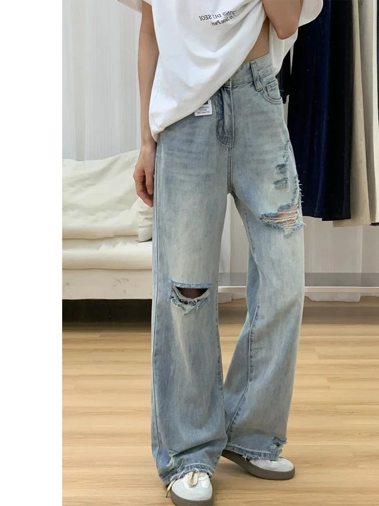 

Джинсы с высокой талией и широкими штанинами для женщин, весенние, тонкие, больших размеров, свободного кроя, для невысоких, прямые, из денима