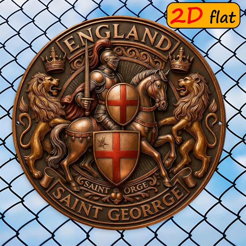 Mittelalterlicher Ritter, der Drachen tötet, rundes Eisen-Schild, 20 x 7,87 Zoll, Wanddekoration für den Außenbereich, 2D-Metallplakette für Arbeitszimmer, Flur, Saint George Li
