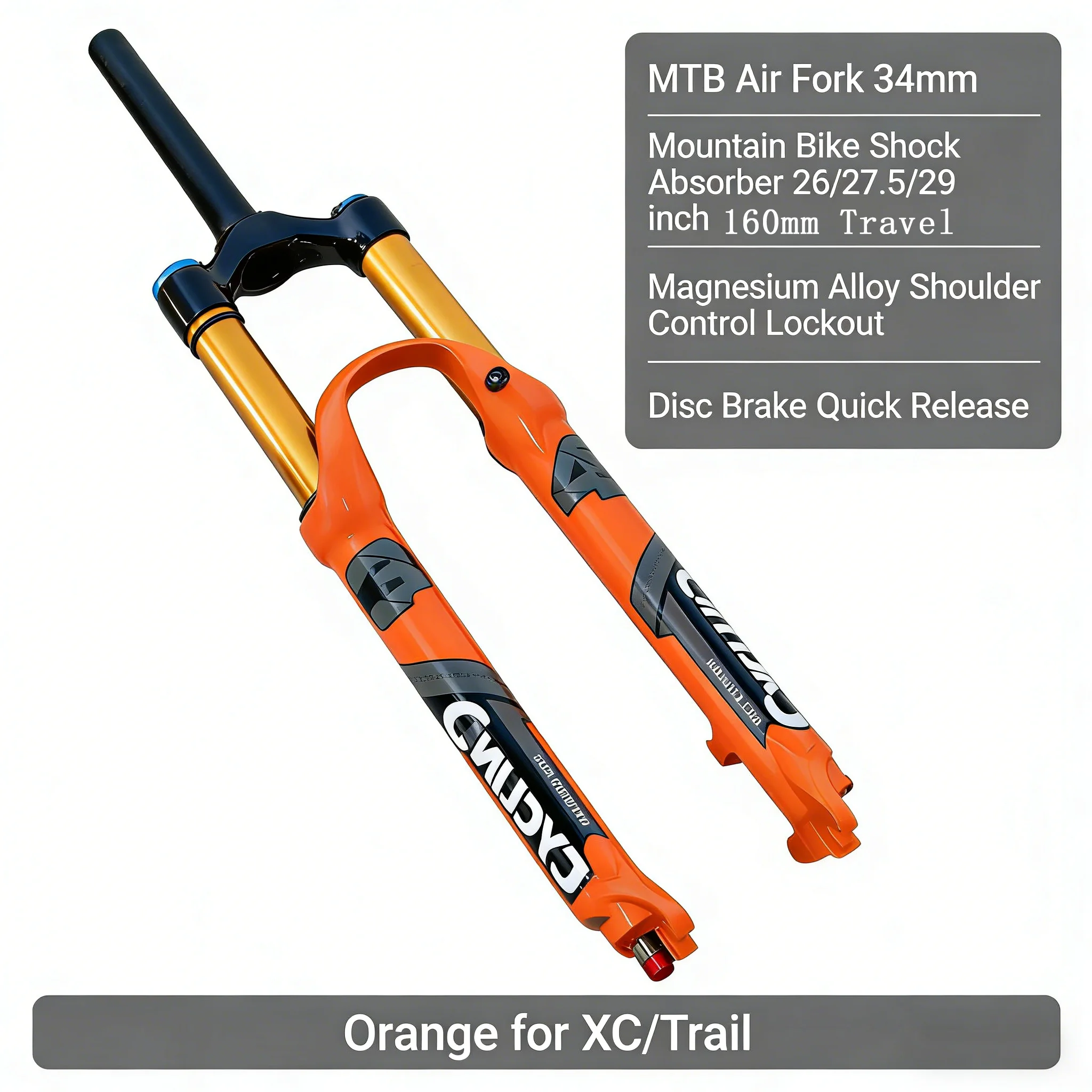 

34mm MTB Air Fork 160mm Travel, 26-29 Inch Magnesium Shoulder Lockout, Disc Brake Quick Release, Orange XC/Trail