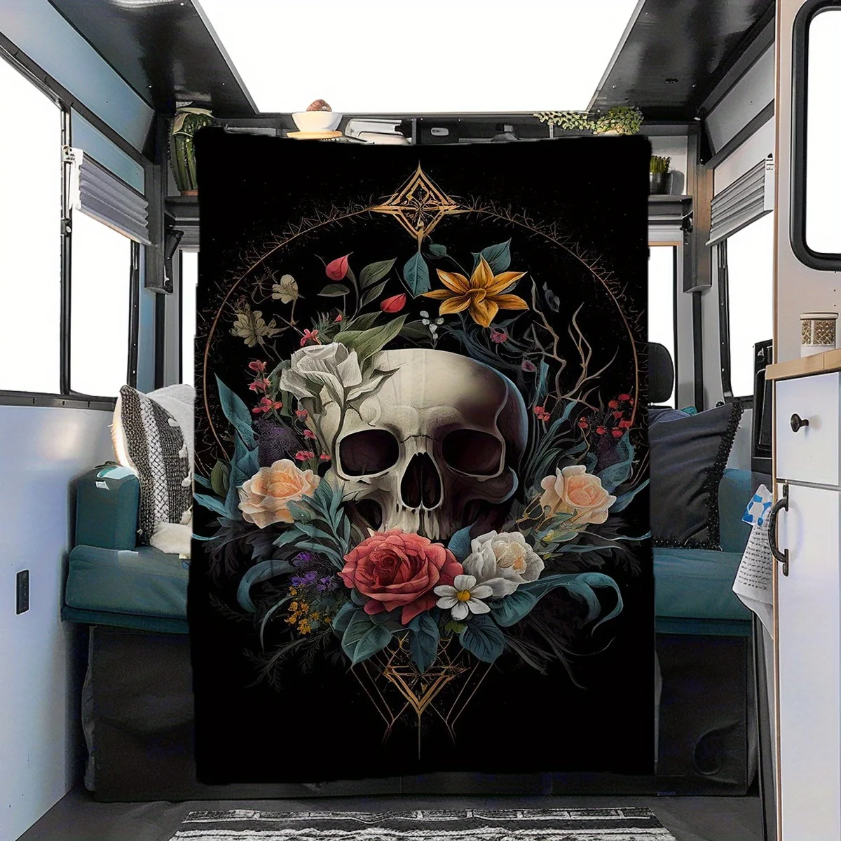 Gothic Skull With Colorful Roses Floral Print Flannel Blanket Soft Throw Blanket for Sofa Bed Couch All‑Season Cozy Blanket