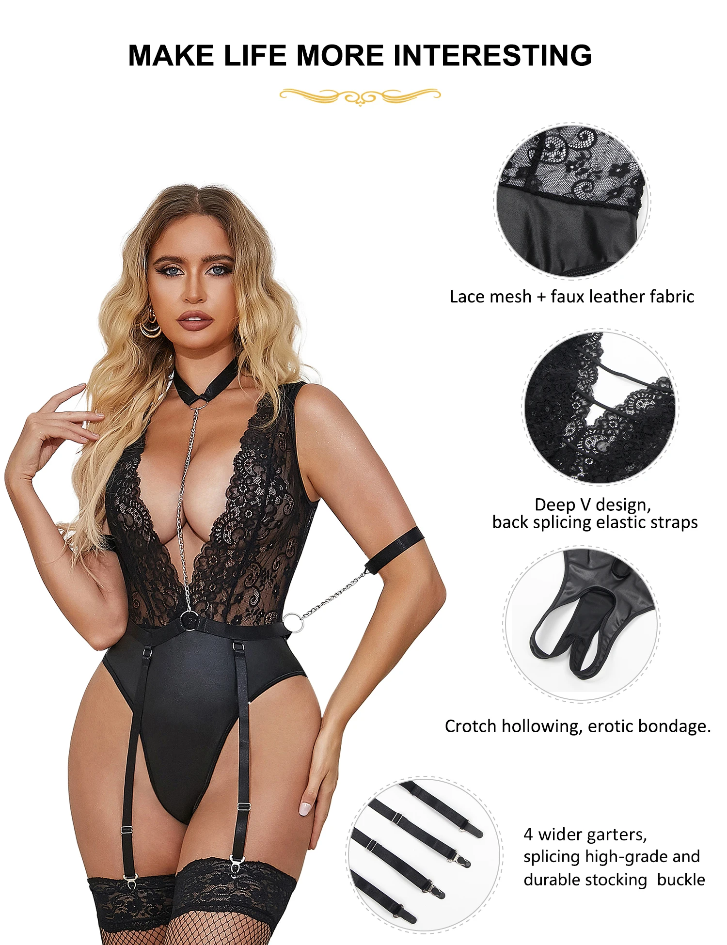 Ohyeahlady Body in pelle con pizzo floreale Teddy Body con giarrettiera a V profondo Pigiama Oversize Nero Reggicalze sexy Pagliaccetti Lingerie