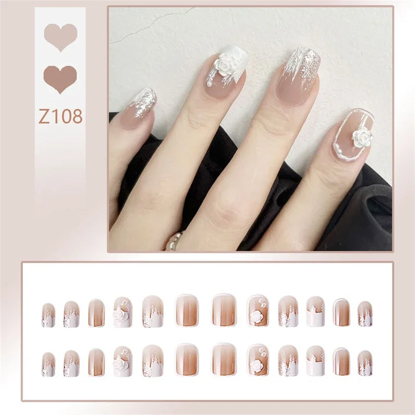 

24Pcs/Set Camellia Wearing False Nails Patch Short Pure Desire Wind Fake Nails White Premium Feeling French Press on Nails Art