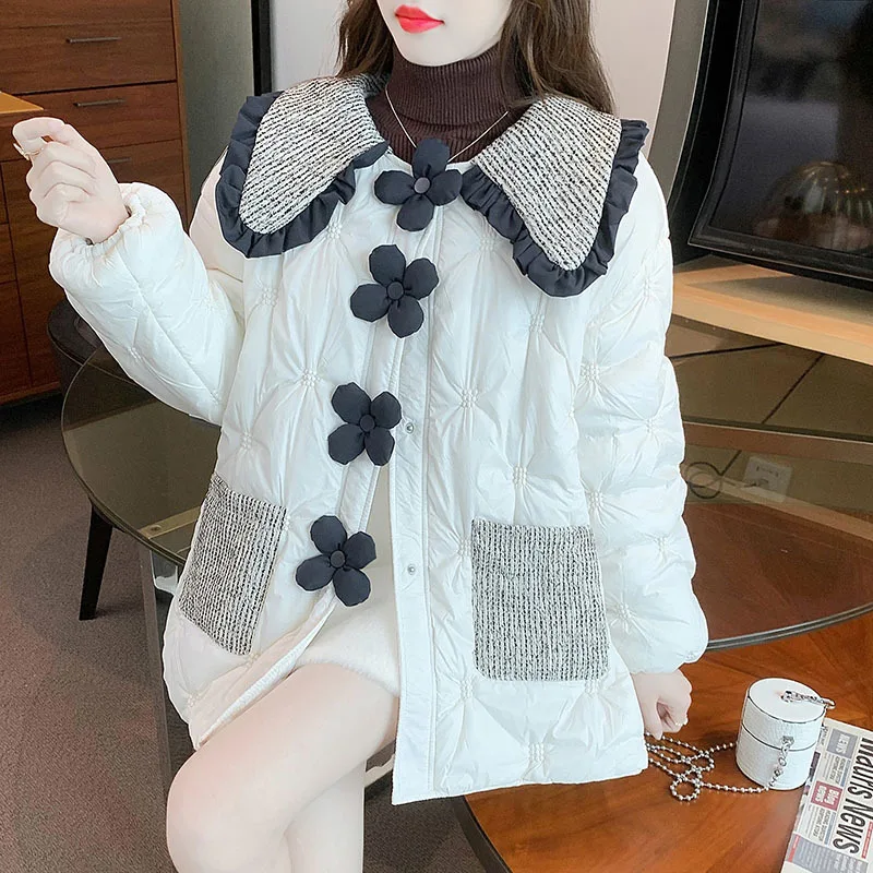 Sweet Peter Pan Collar Parka Coat Women Winter 2023 Fashion Hit Color Pockets Jacket Causal Flowers Zipper Parkas Top