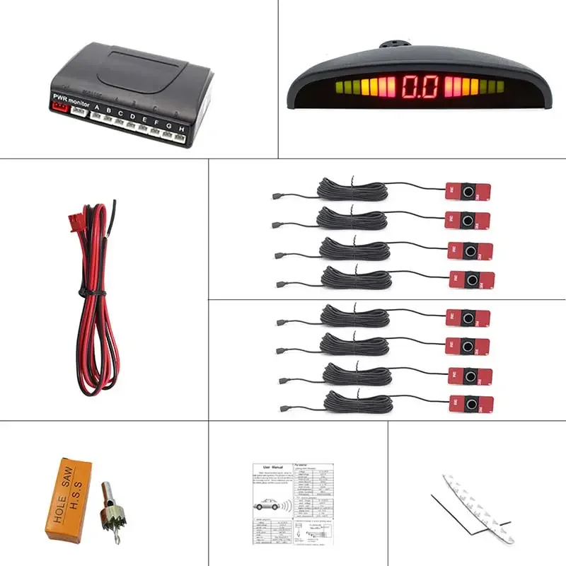 8 pezzi di parcheggio per auto, sensore di retromarcia, cicalino, display a LED, assistente completo per veicoli, per sensore di parcheggio radar per auto anteriore e posteriore