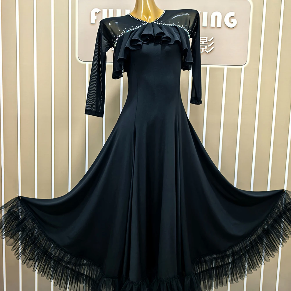 Dance Dress Light Blue Flamenco Skirt Rhinestone Black Waltz Practice Competition Crew Neck Black Stage Costume
