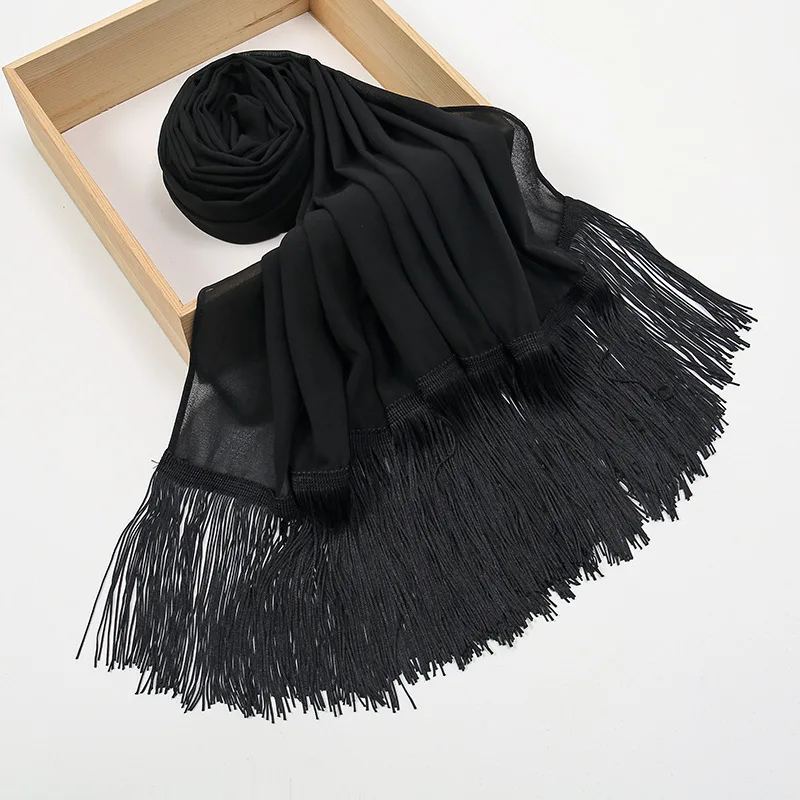 

2024 New Tassel Scarf Arab Muslim Plain Chiffon Hijab Wrap Islamic Shawls Malaysia Long Fringes Headband Women Headwear 180X70CM