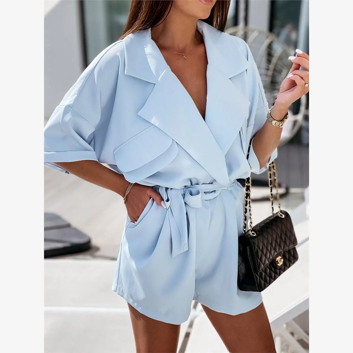 

Повседневные брюки с лацканами Batwing Sve Rer, женские уличные брюки с высокой талией, цельный костюм из полиэстера с откидным воротником