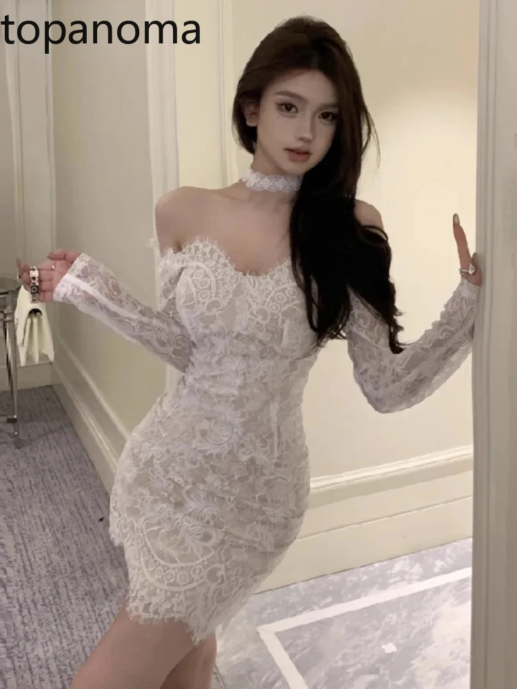 Topanoma Wedding Party Women Evening Dresses Lace Patchwork Long Sleeve Off Shoulder Sexy Cocktail Birthday Dress Ladies Elegant