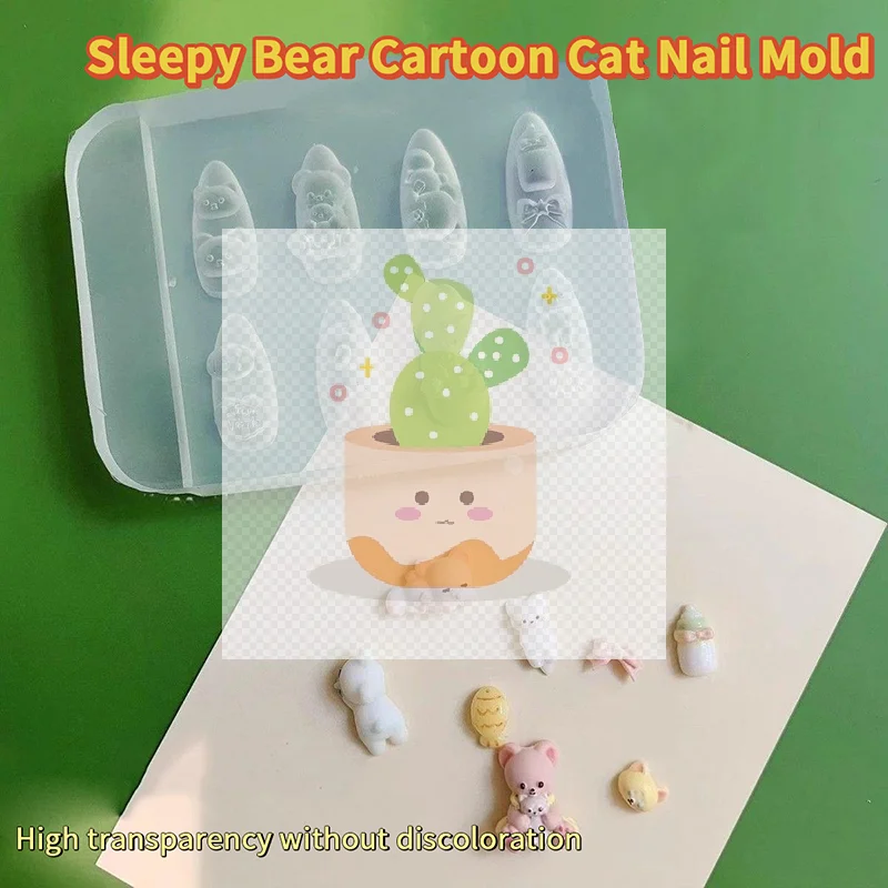Molde de silicona 3D para decoración de uñas con gato de dibujos animados, bonito oso, molde para tallar uñas, decoración artística de uñas DIY, plantilla de manicura transparente