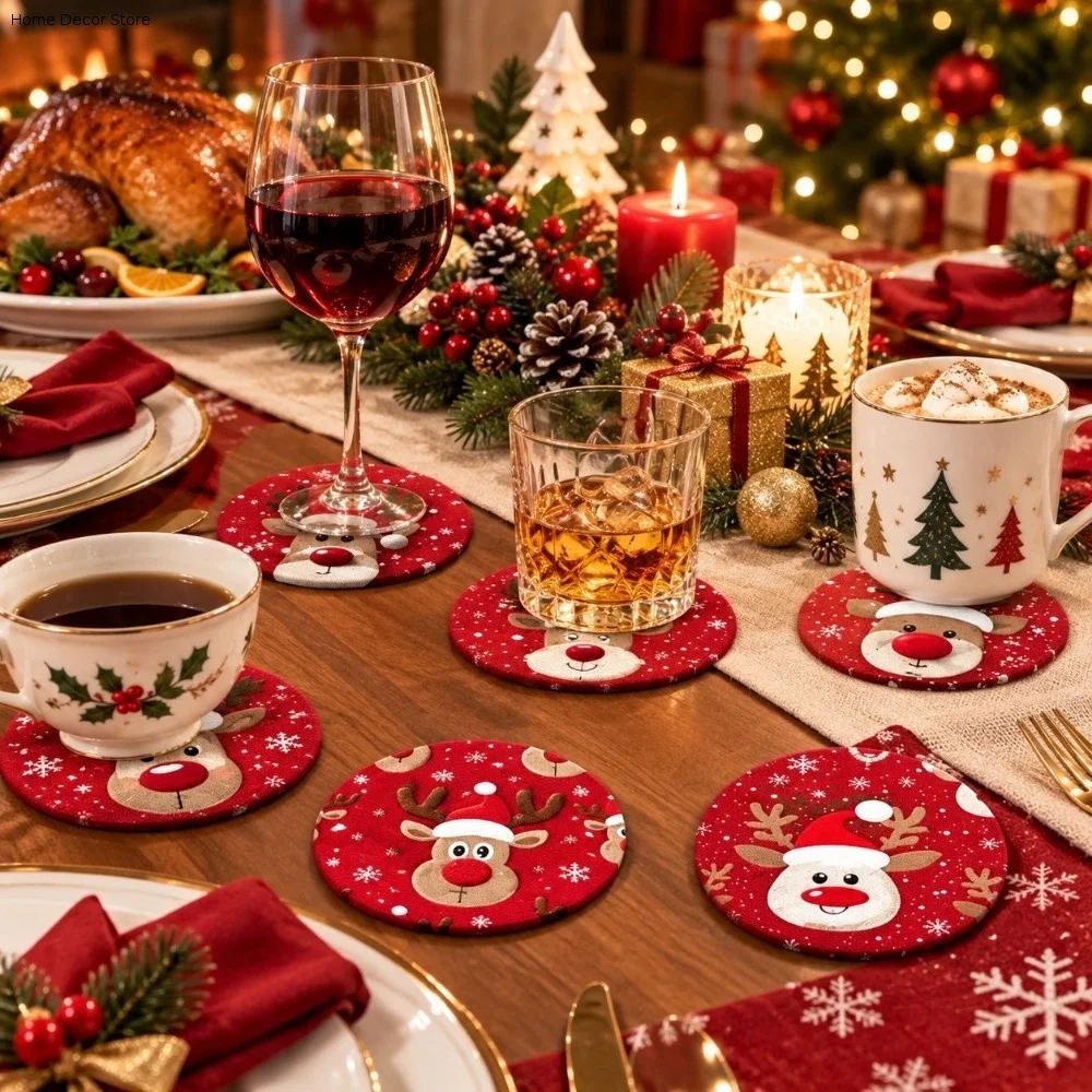 6pcs Wooden Christmas Drink Coaster Heat-Resistant Reindeer Santa Claus Coaster Snowman 2D Patterned Insulation Pad
