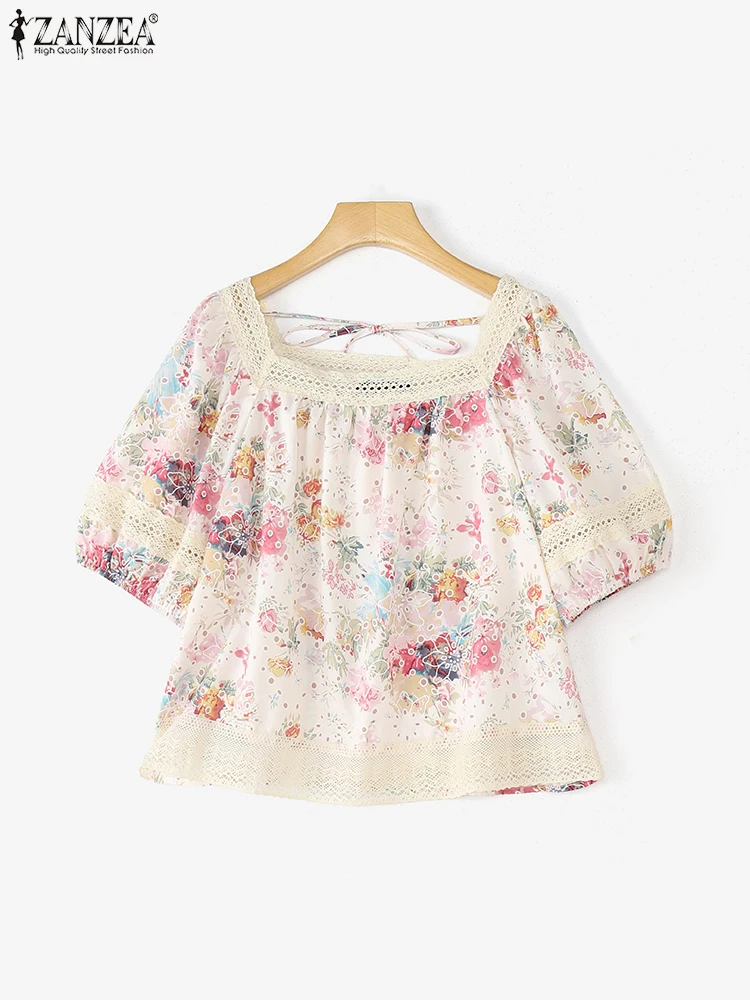 

Lace Printed Tops Vintage Short Sleeve Tunic ZANZEA 2025 Women BlouseFashion Pacthwork Blusas Casual Loose Square Neck Tops