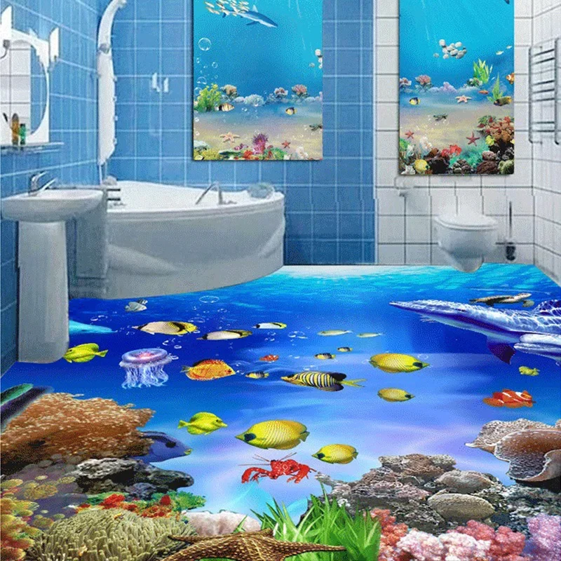 Custom Mural Wallpaper 3D Stereoscopic Floor Stickers SeaWorld Bathroom 3D Mural Wear Non-slip PVC Self-adhesive Floor Wallpaper