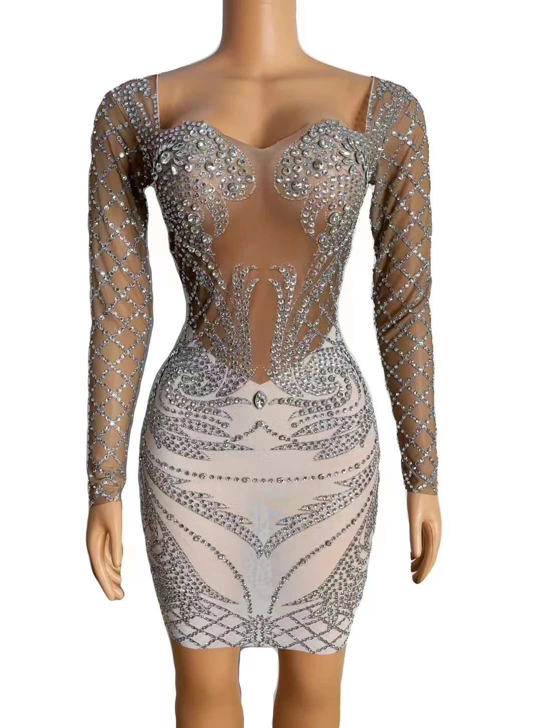 

Shining Silver RhinestonesTassel CrystaBodysuitSexy Mesh Transparent Leotard WomenBirthdavParty Dress Singer Dance Costume A386