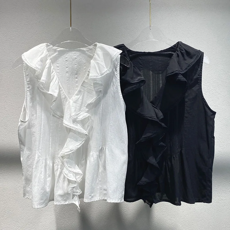 

Small-scale 2025 new solid-color lace patchwork ruffled collar top - loose-fitting and versatile sleeveless blouse for women
