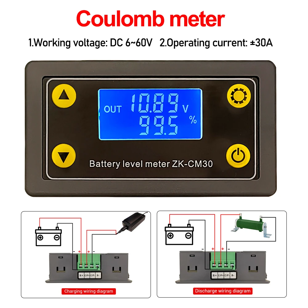 DC 6 ~ 60V cyfrowy miernik kulomb dwukierunkowy Monitoring prądu 30A wskaźnik poziomu baterii woltowy miernik mocy do baterii litowej