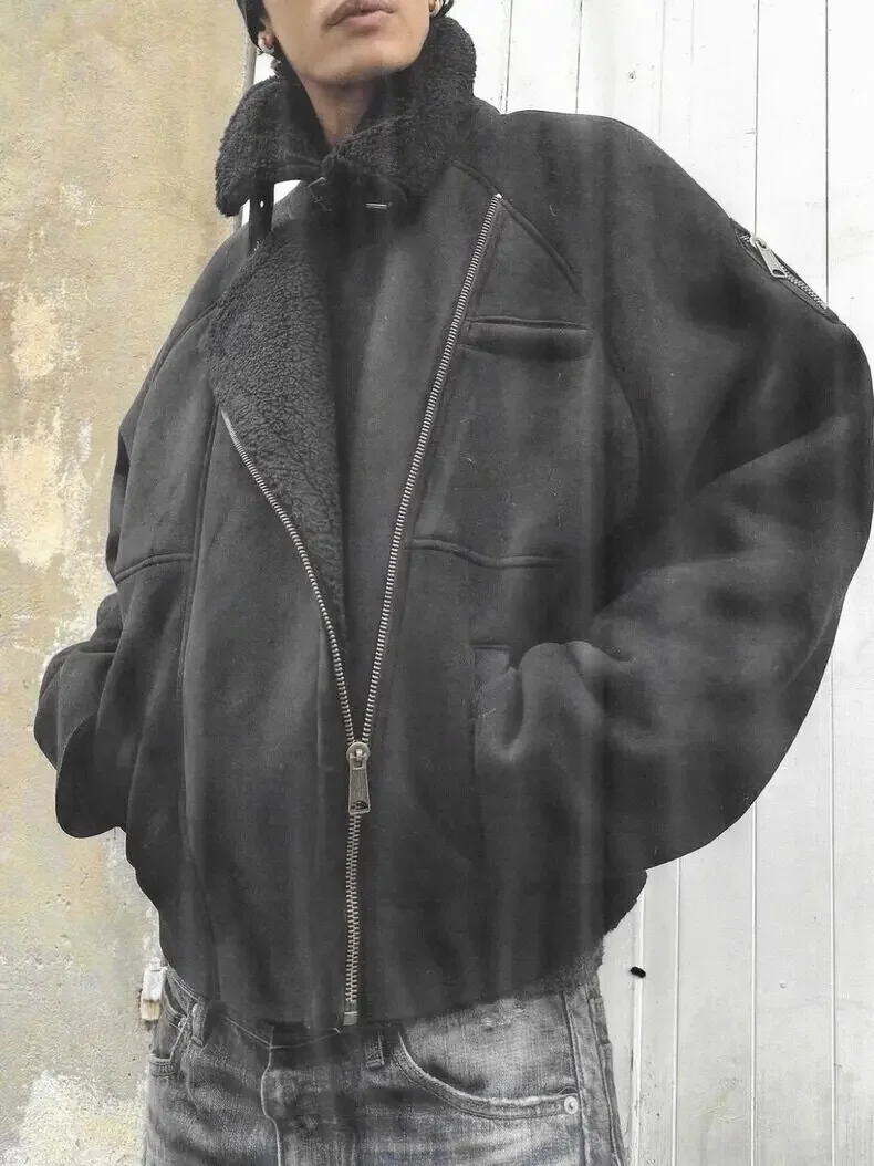 No Faith heavy lamb wool jacket suede motorcycle fur collar thermal anti-wind cotton jacket