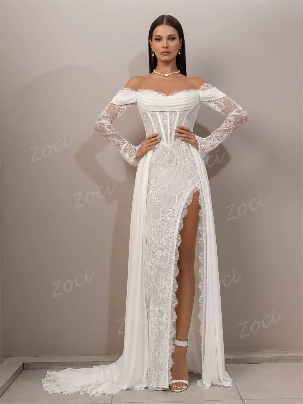 조시 빈티지 레이스 비치 웨딩드레스 롱 A라인 하이 슬릿 신부 드레스 베스티도스 데 노비아 보다 코르셋 브라이덜 가운 맞춤 제작