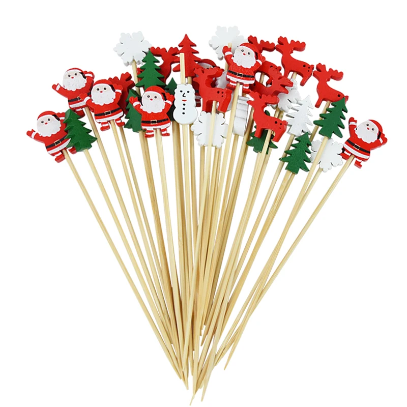 50/100PCS Christmas Bamboo Sticks Cartoon Santa Claus Snowflakes Buffet Cupcake Fruit Forks Christmas Dessert Cocktail Sticks