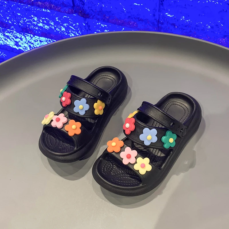 Cute Flower Deco Sandals For Kids Girls Summer Anti-Slip Slippers Children Brand Design Thick Sole Soft Pool Bath Beach Shoes