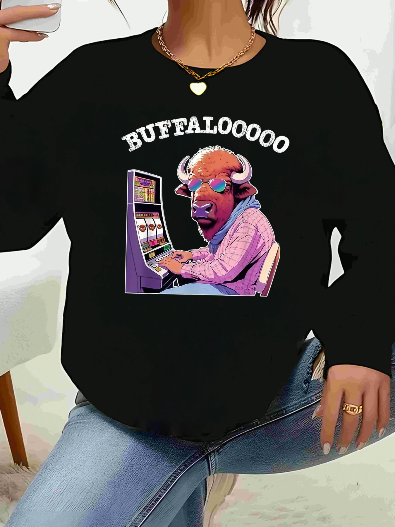 Buffaloooo Bull 슬롯 머신 프린트 긴 소매 티셔츠 여성용 캐주얼 의류