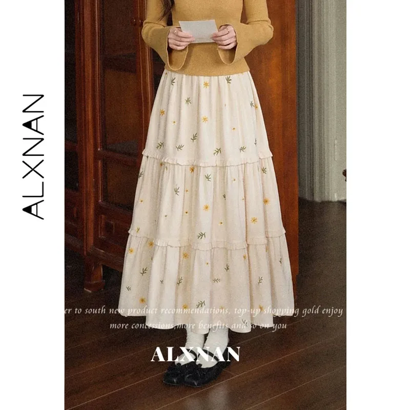 ALXNAN Apricot Skirt Women Daisy Embroidery High‑waist Elastic Waist Long Skirt 2026 Fall Fashion Elegant Female Skirts L676122A