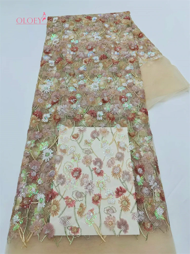 

OLOEY Hot Sale French Sequins Fabric High Quality New Design Embroidery Net Lac 3D Flower With Beads For Wedding Party Dre