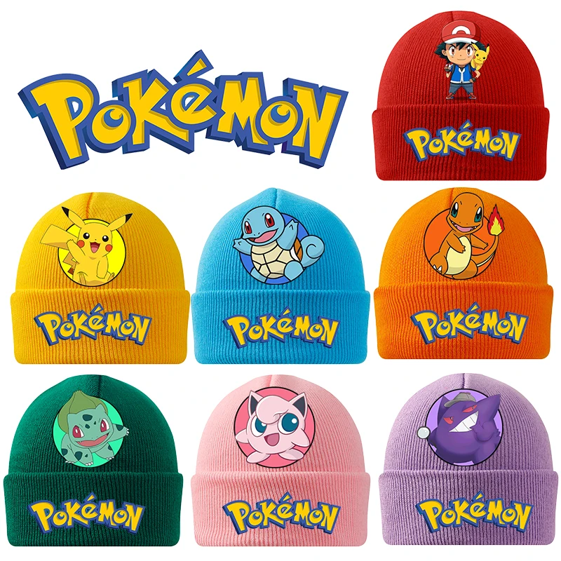 Pokemons Knitted Hat Pikachu Cartoon Anime Knit Cap Boys Girls Autumn Winter Warm Windproof Children's Hats Warmer Bonnet Gifts
